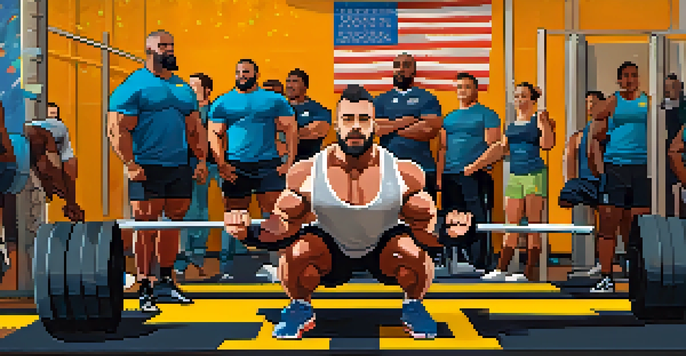 A diverse group of powerlifters in a gym, one is lifting weights while others support them.