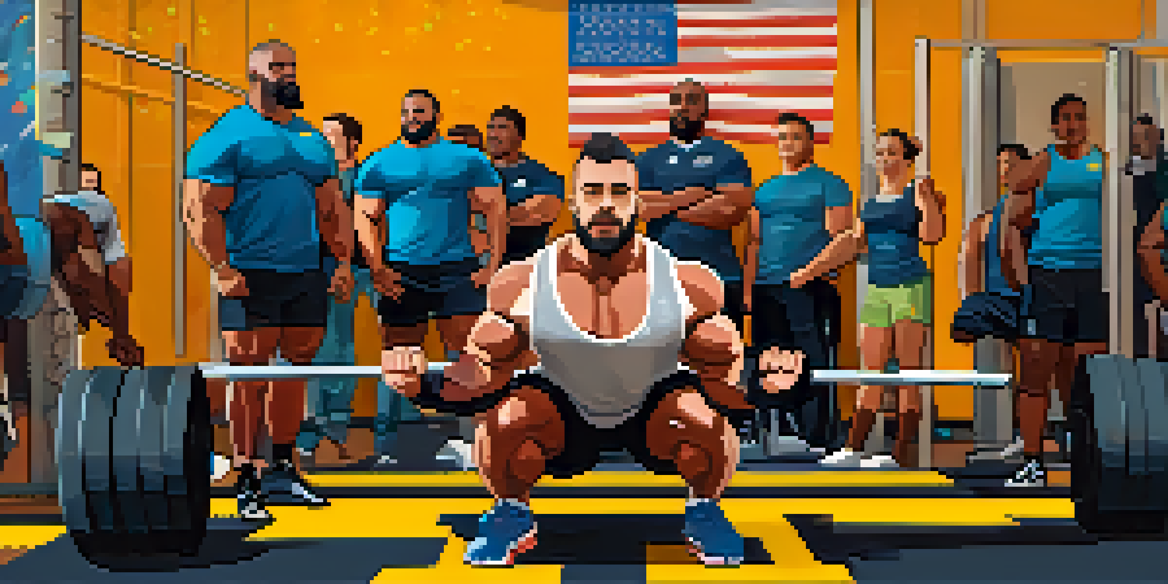 A diverse group of powerlifters in a gym, one is lifting weights while others support them.