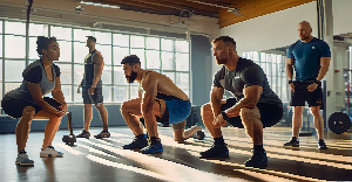A coach instructing athletes on proper squat technique in a bright gym, with various lifting equipment in the background.
