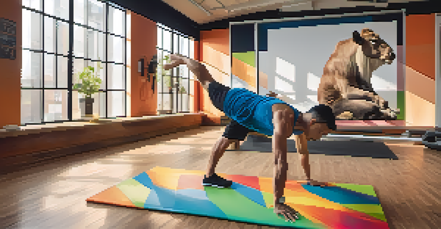 A middle-aged man performing a cat-cow stretch on a yoga mat in a bright indoor fitness studio.