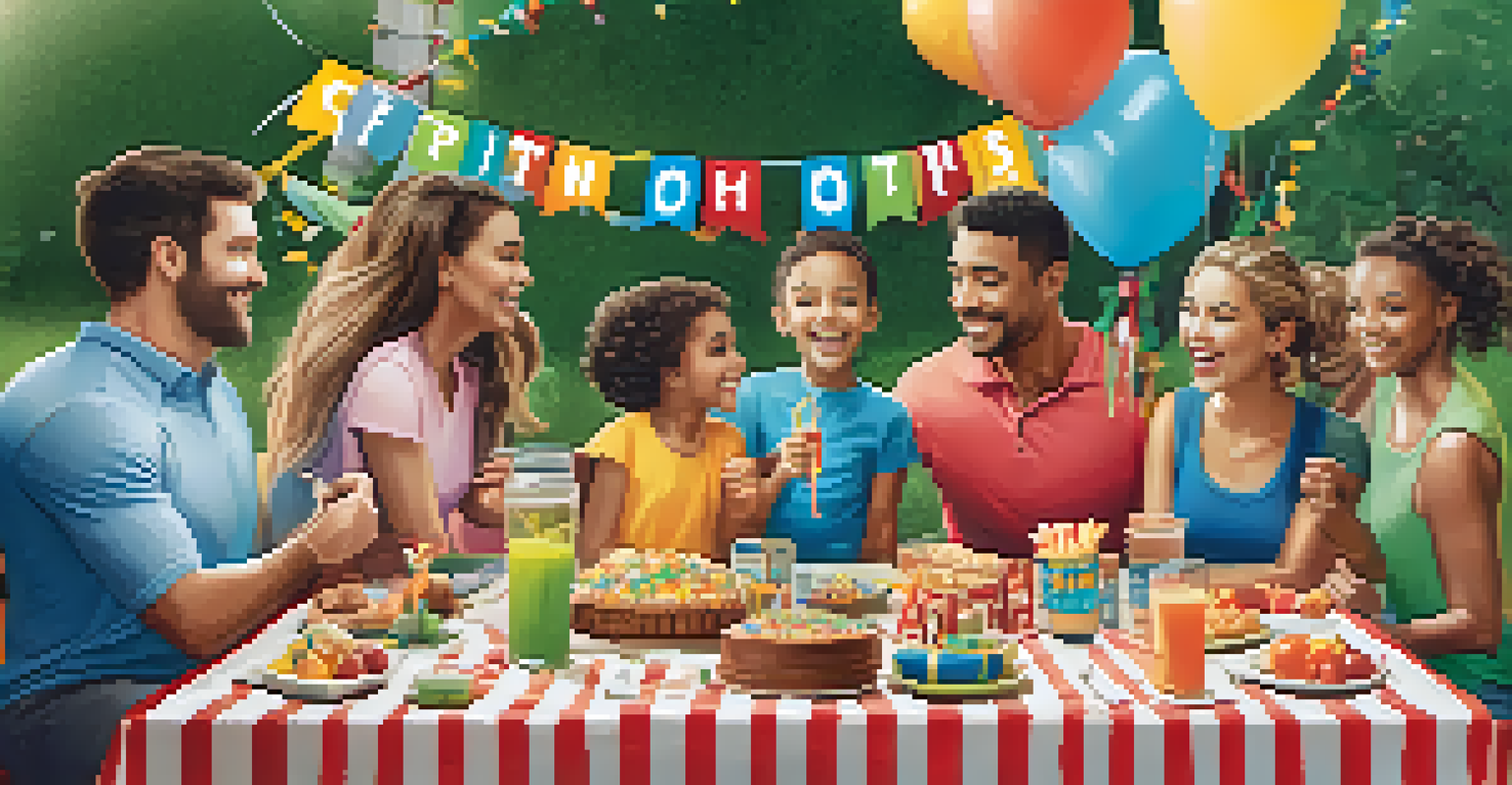 A family celebrating fitness achievements with healthy snacks and a congratulatory banner in a backyard.
