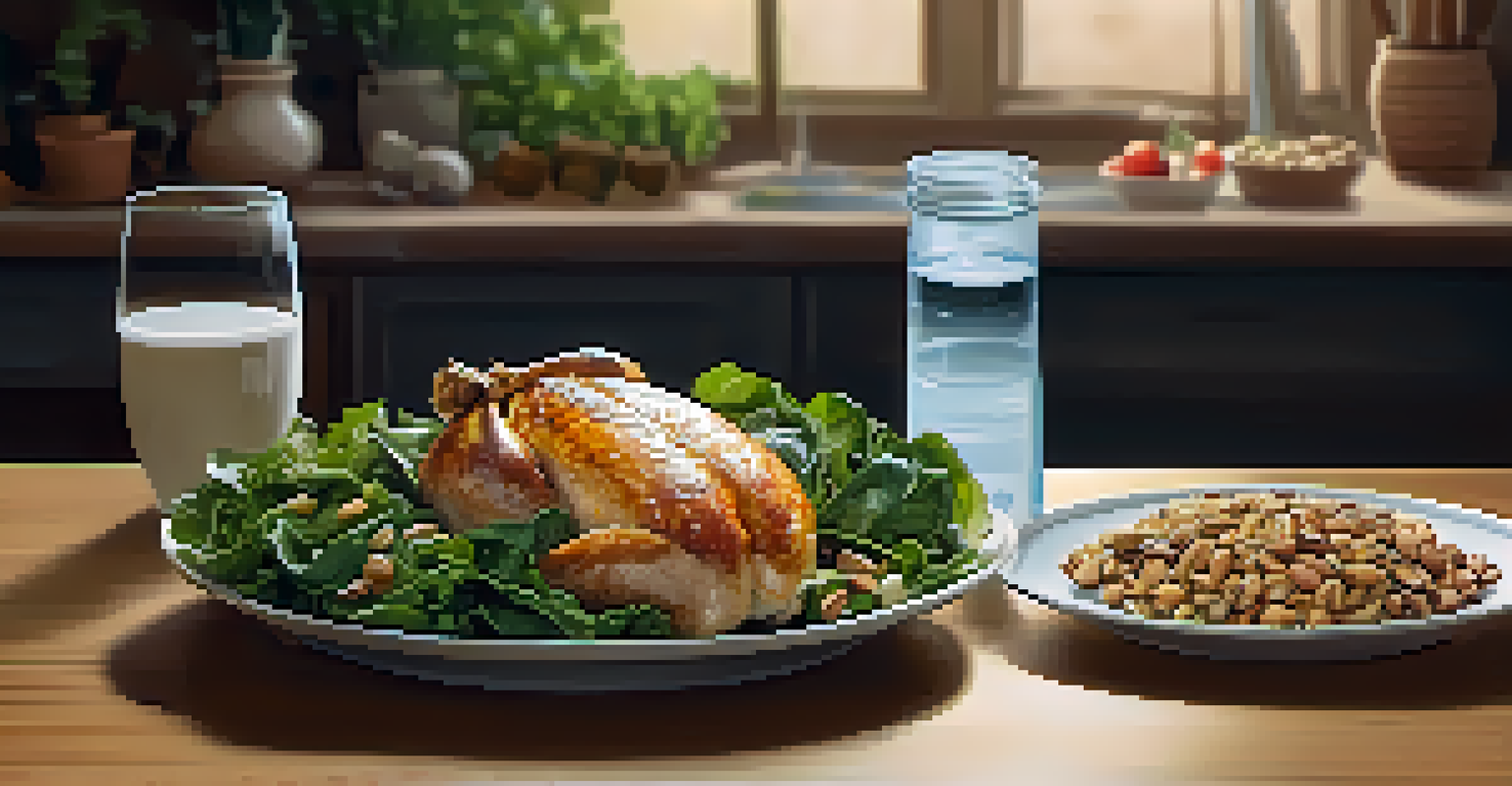 A close-up of a healthy meal for a powerlifter, featuring grilled chicken, leafy greens, nuts, and whole grains in a cozy kitchen.