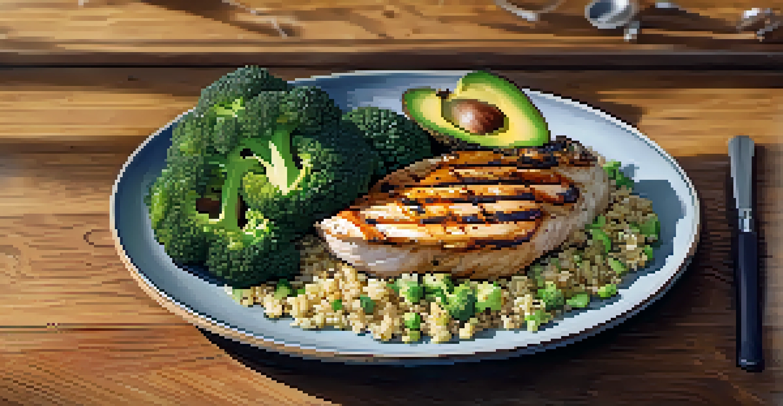 A nutritious meal for powerlifters, including chicken, broccoli, quinoa, and avocado on a wooden table.