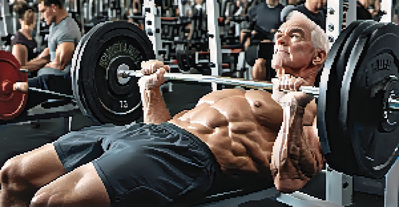 An older adult bench pressing with a spotter in a well-equipped gym, highlighting their grip and form.