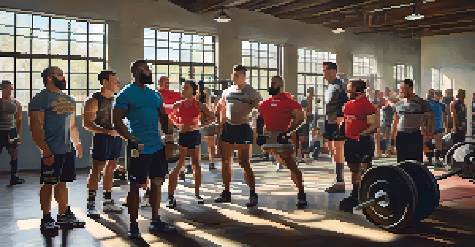 A group of powerlifting enthusiasts discussing after a training session, showcasing camaraderie in a bright, motivational gym environment.
