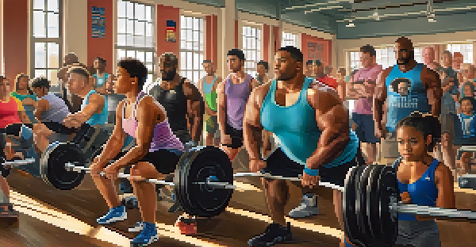 A diverse group of powerlifters lifting weights in a bright gym, showcasing inclusivity and support.
