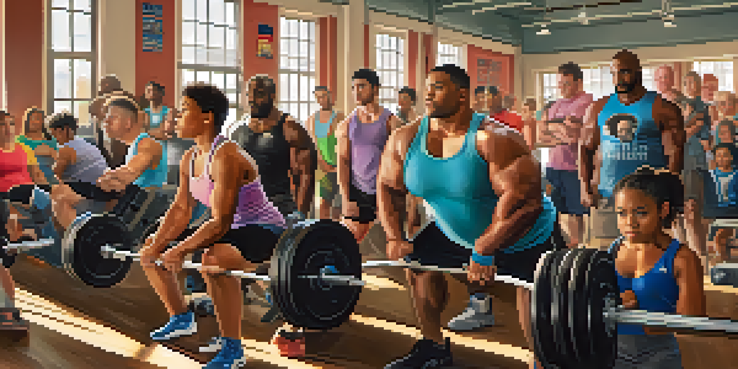 A diverse group of powerlifters lifting weights in a bright gym, showcasing inclusivity and support.