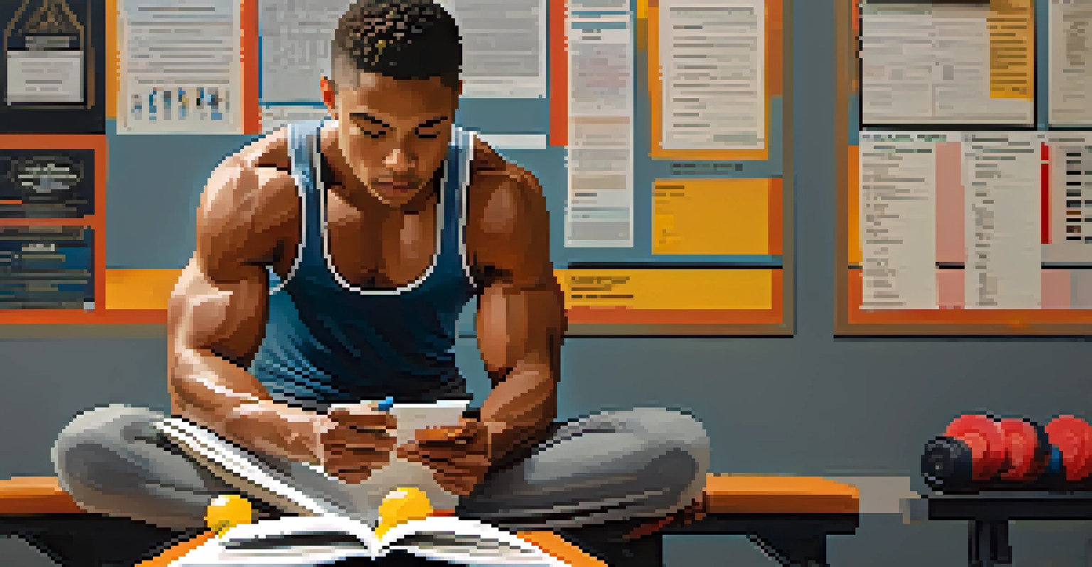 A focused athlete reviewing a training plan on a clipboard while sitting on a bench in a gym filled with equipment.