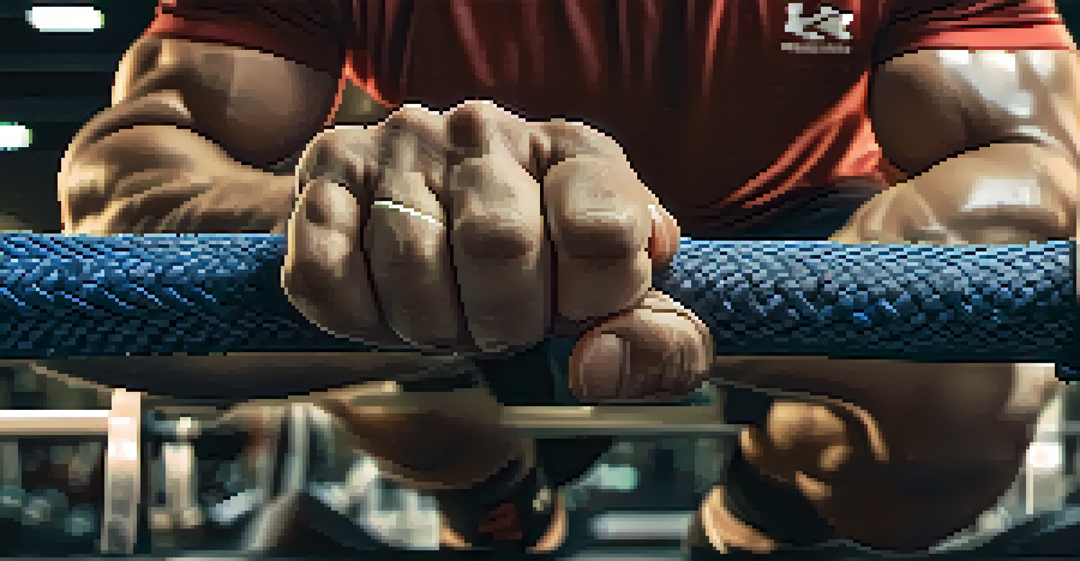 Close-up of a powerlifter gripping a natural rubber lifting band with gym equipment in the background.