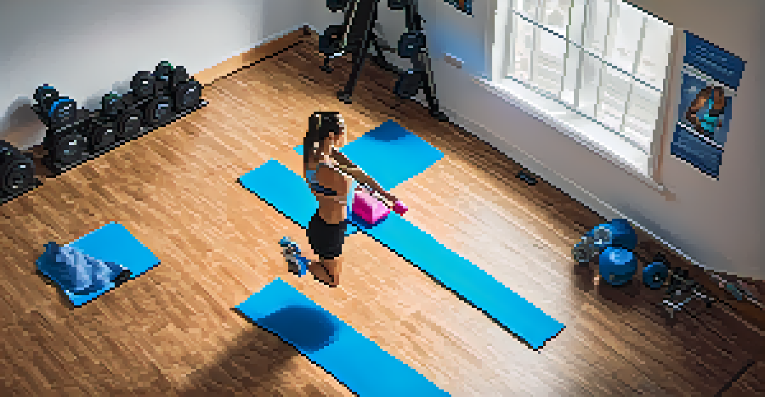 Overhead view of a person doing Bulgarian split squats and push-ups in a fitness studio with a bright atmosphere.