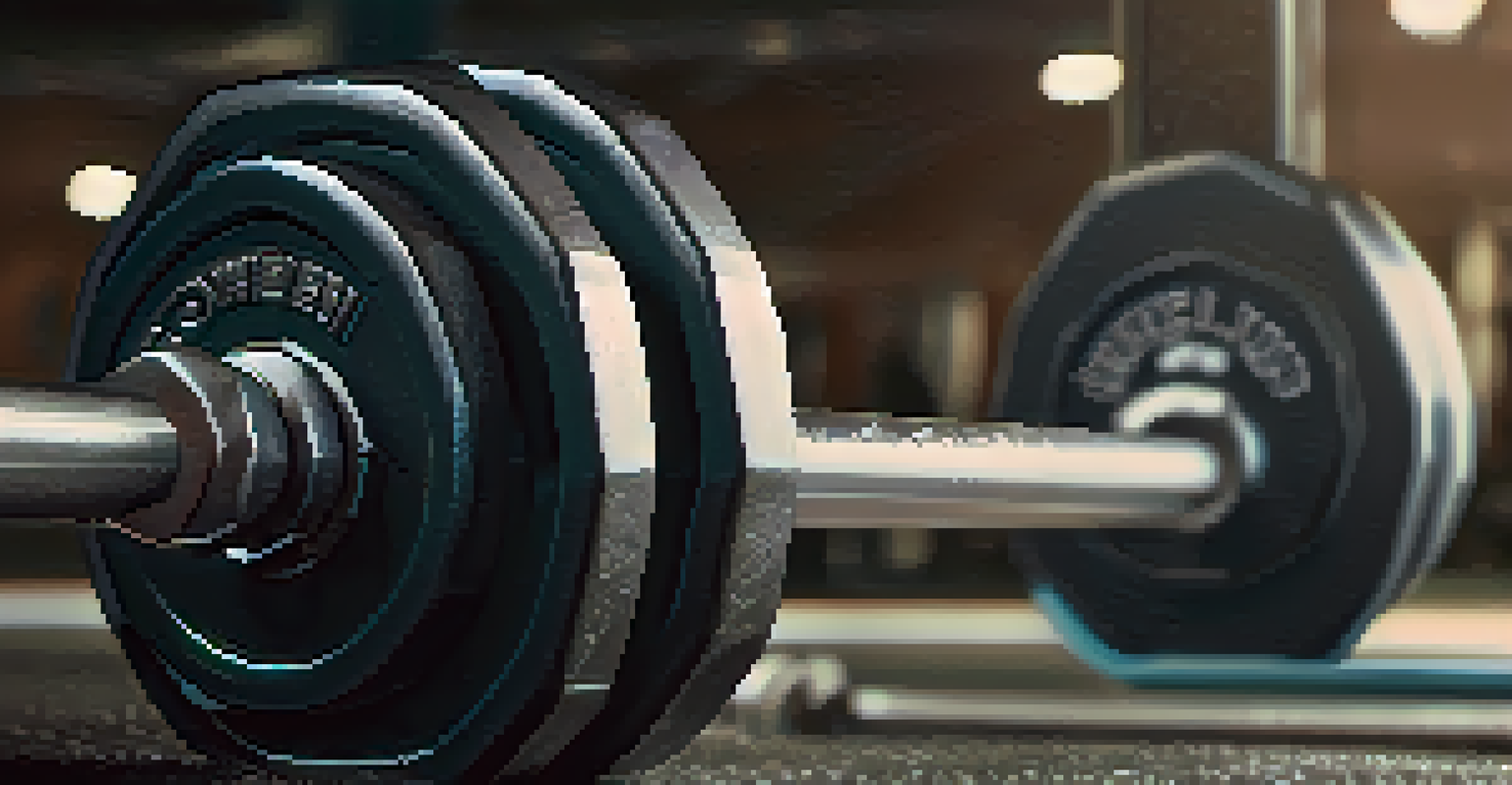 Close-up of a barbell with weights on a gym bench, emphasizing the texture and details of the equipment.