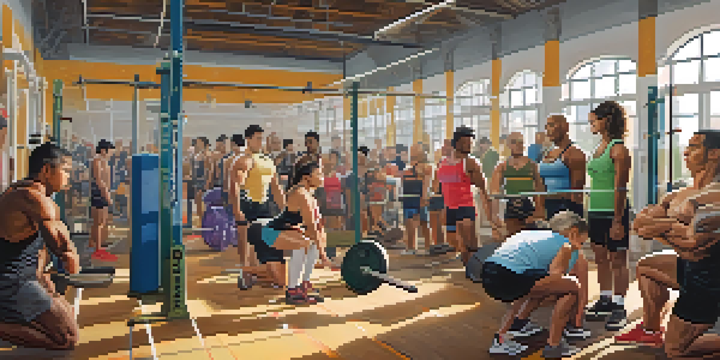 A diverse group of powerlifters in a gym, showcasing various ages, genders, and ethnic backgrounds, preparing for a lift together.