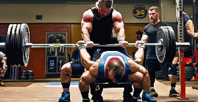 A powerlifting coach mentoring an athlete during a lift, showcasing support and dedication in a gym setting.