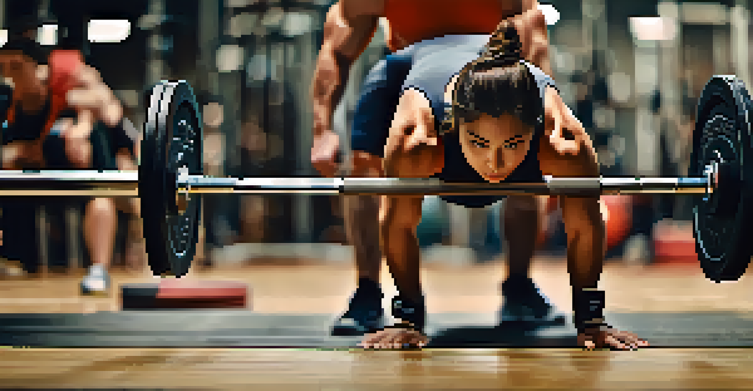 A close-up of a powerlifting barbell with weights, emphasizing the textures and details, with a blurred background of a trainer assisting an athlete.