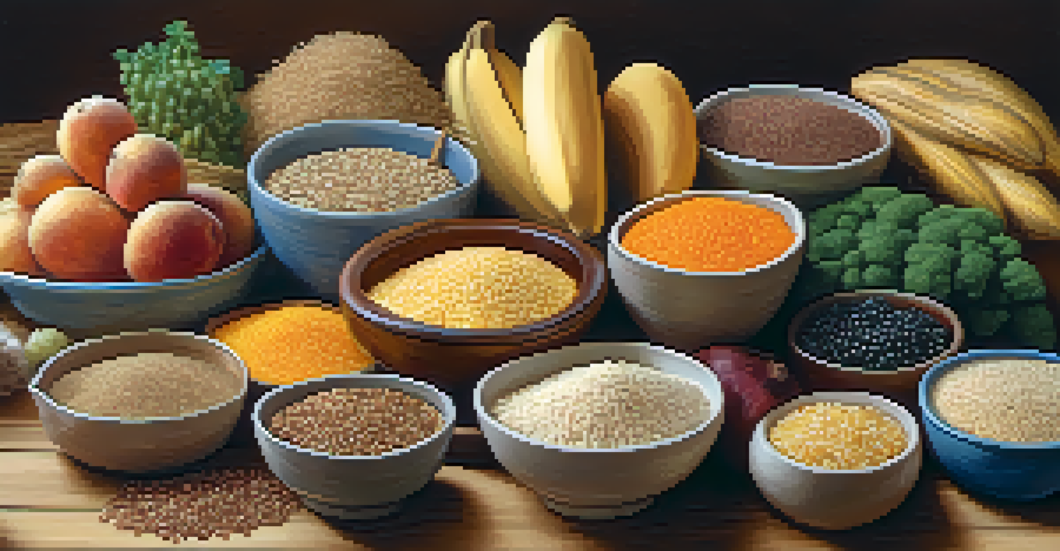A variety of healthy carbohydrate sources including grains, fruits, and vegetables on a wooden table.
