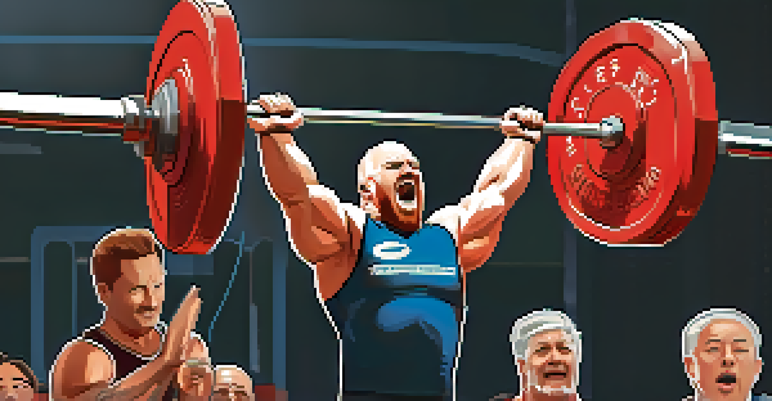 A powerlifting coach motivates an athlete during a squat lift at a competition.