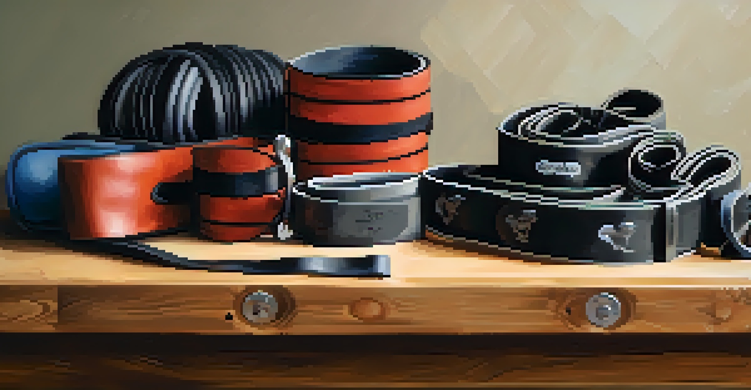 An organized display of powerlifting gear including a lifting belt, knee sleeves, and wrist wraps on a wooden bench.