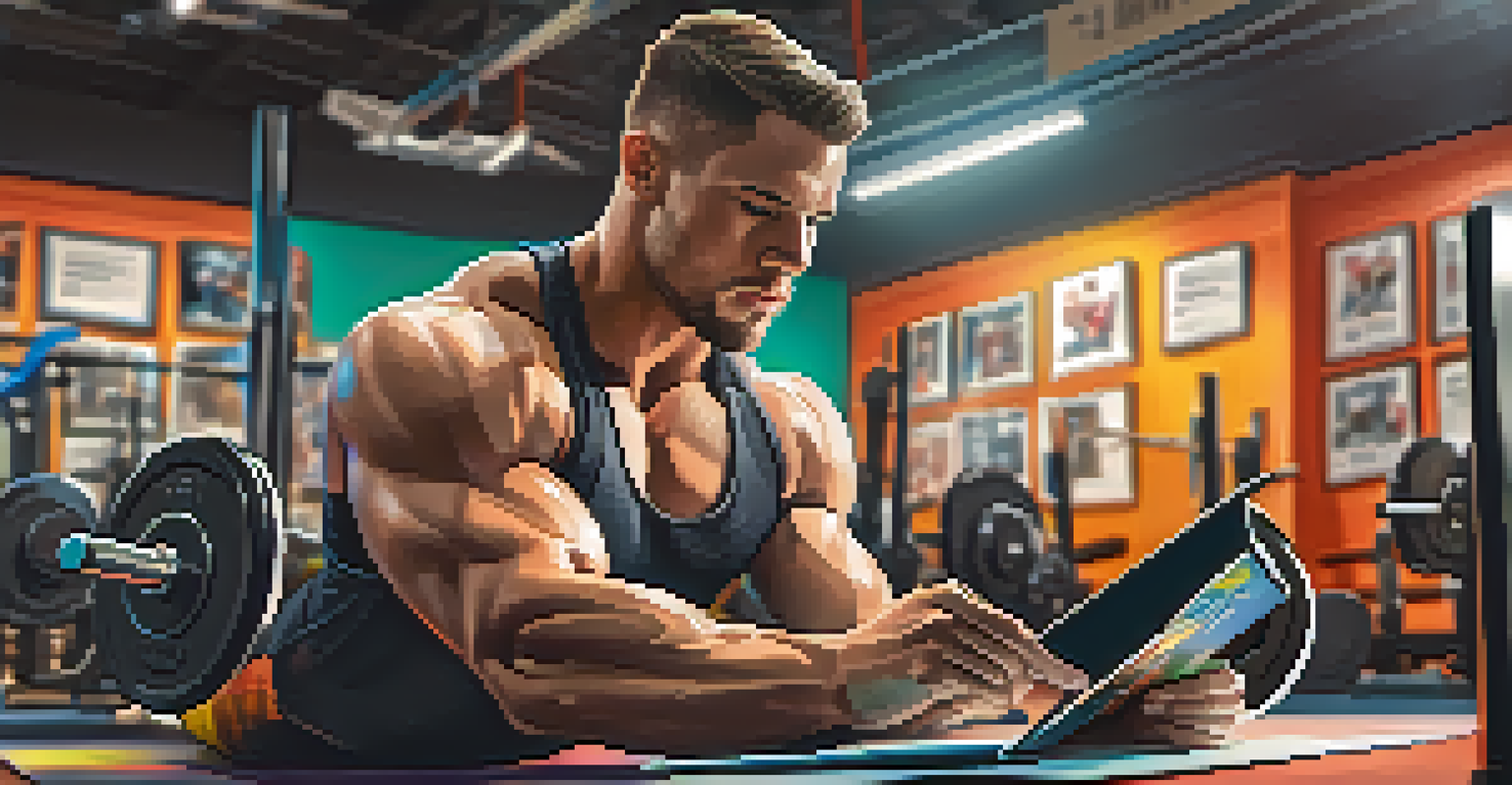 An athlete logging their powerlifting workout on a tablet in a bright gym, surrounded by weights and motivational posters.
