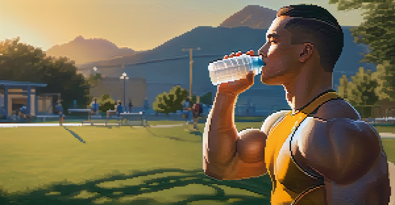 A powerlifter drinking water outdoors after a workout, with a sunset in the background.