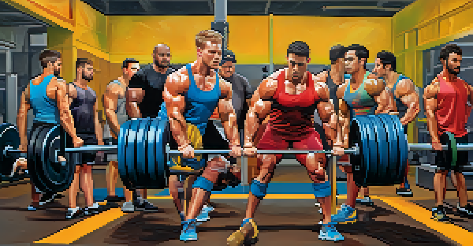 A supportive group of weightlifters training together, with one lifter completing a lift while others cheer them on, creating a vibrant atmosphere.