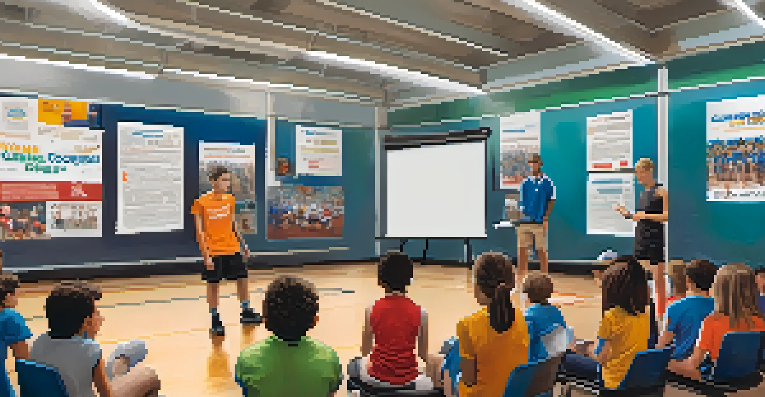 A coach leading a workshop for young athletes about drug prevention, with posters promoting clean competition on the walls.