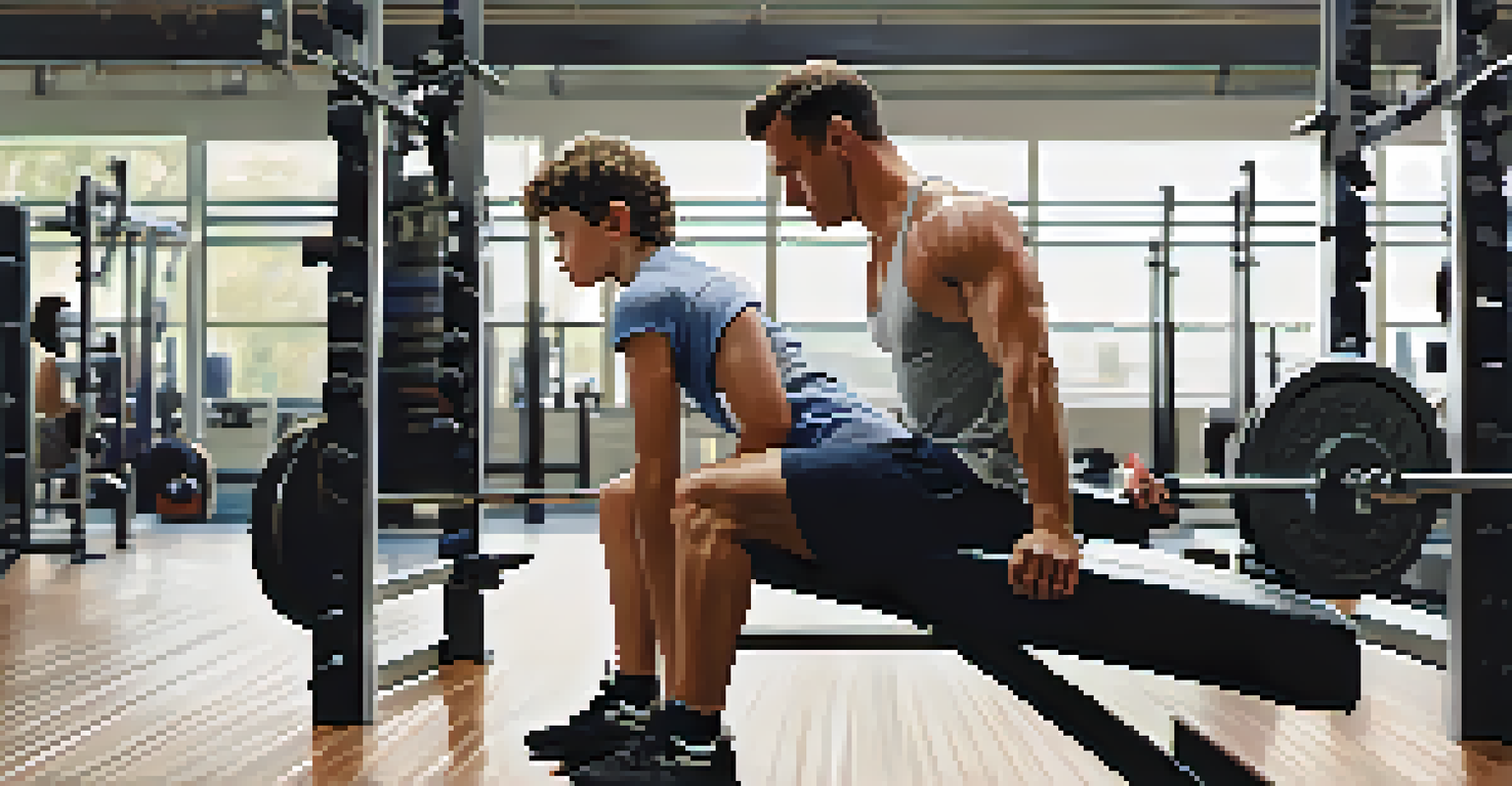 A coach showing proper bench press technique to a young lifter in a gym setting.