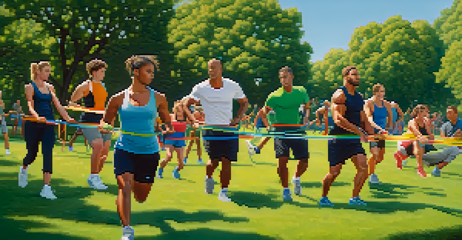 A group of diverse athletes using resistance bands for a workout in a park, showcasing various exercises and vibrant band colors.