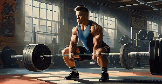 A focused powerlifting athlete preparing for a heavy squat in a well-lit gym, with weightlifting equipment in the background.