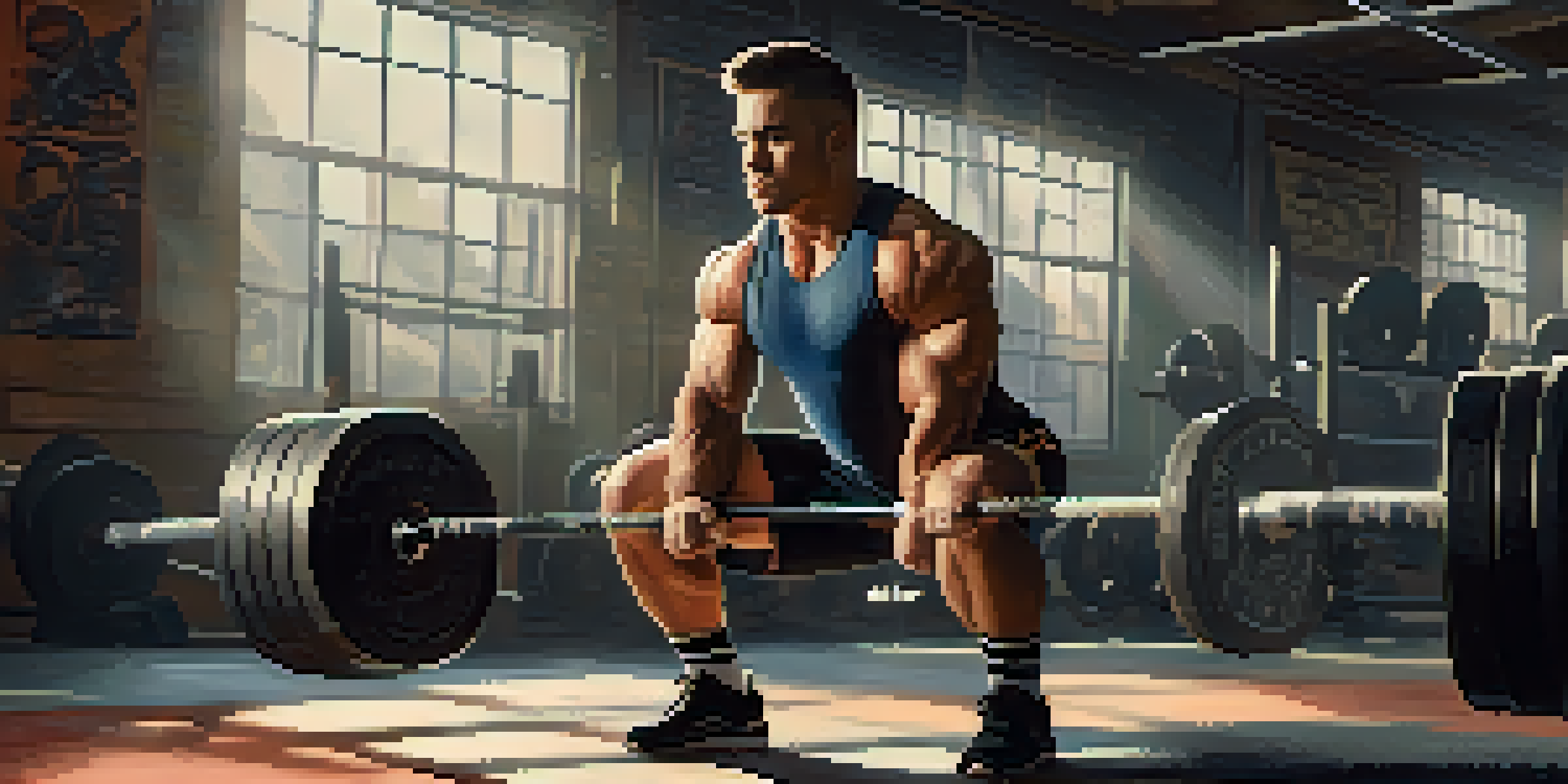 A focused powerlifting athlete preparing for a heavy squat in a well-lit gym, with weightlifting equipment in the background.