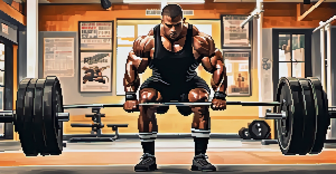 A determined powerlifter lifting a heavy barbell in a well-lit gym, showcasing intense effort and focus.