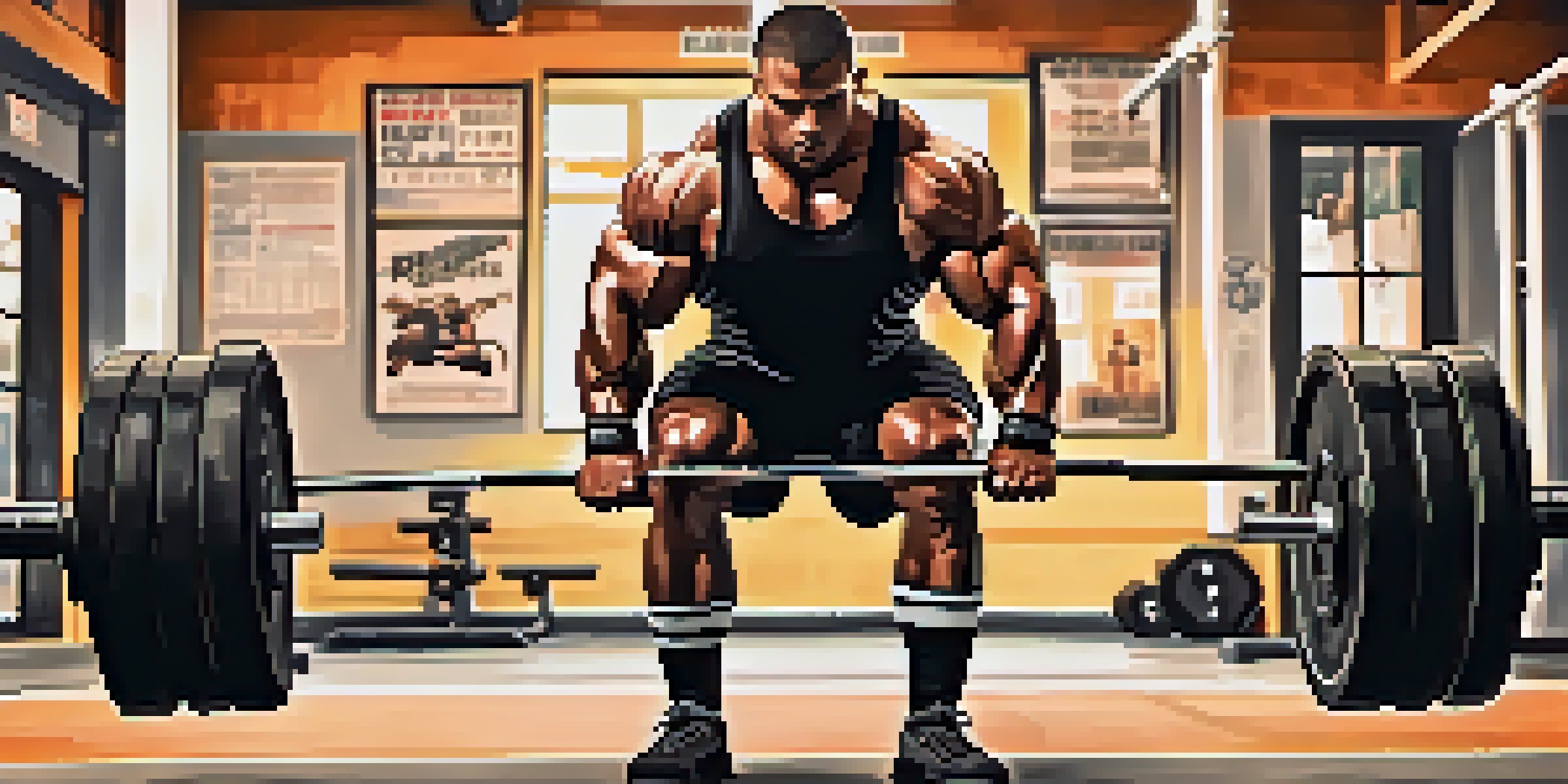 A determined powerlifter lifting a heavy barbell in a well-lit gym, showcasing intense effort and focus.
