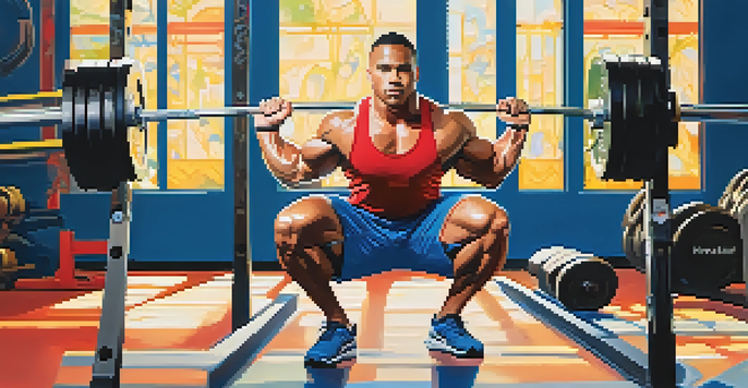 A muscular powerlifter performing a squat in a colorful gym, with natural light illuminating the scene.