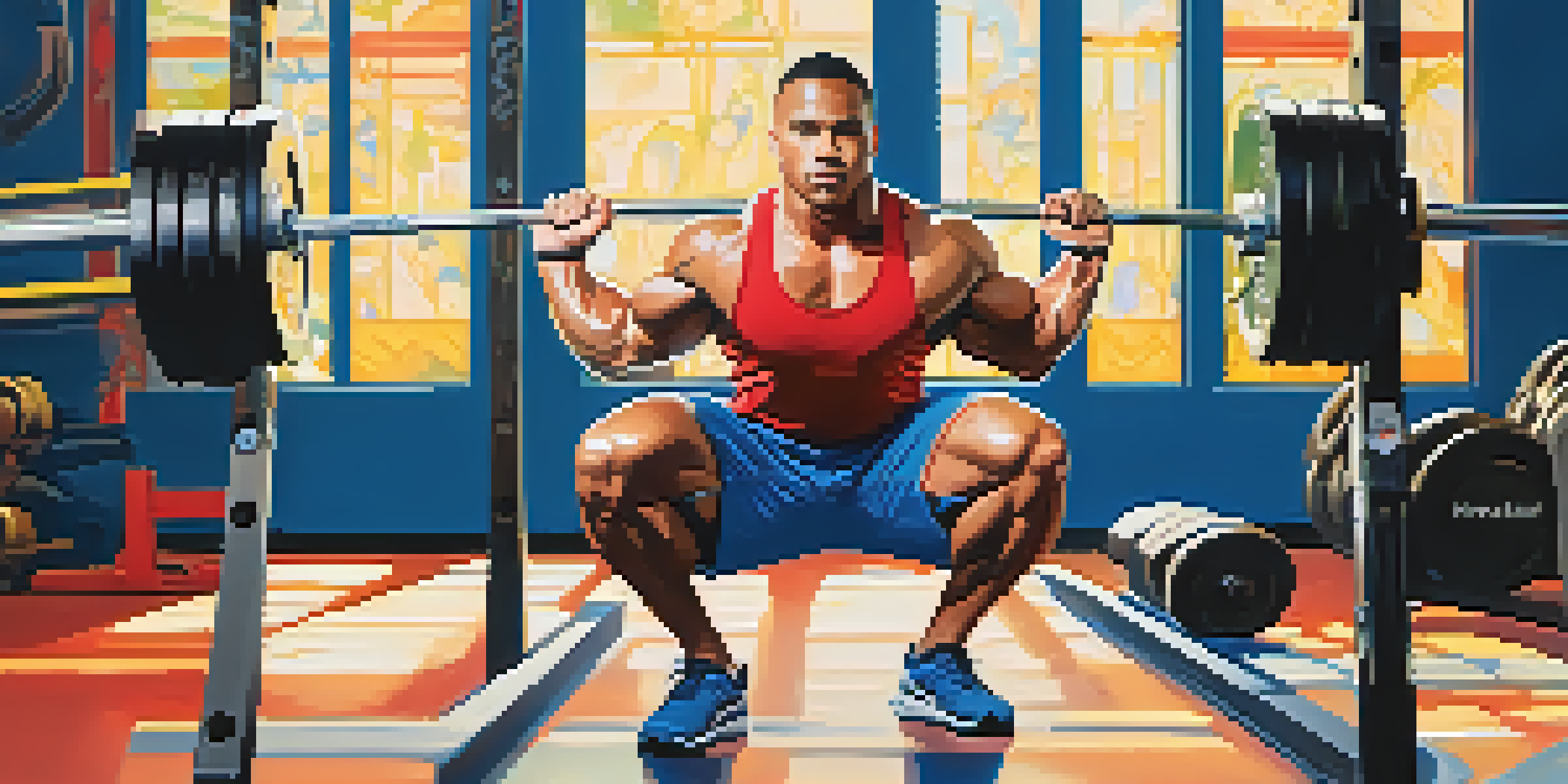 A muscular powerlifter performing a squat in a colorful gym, with natural light illuminating the scene.