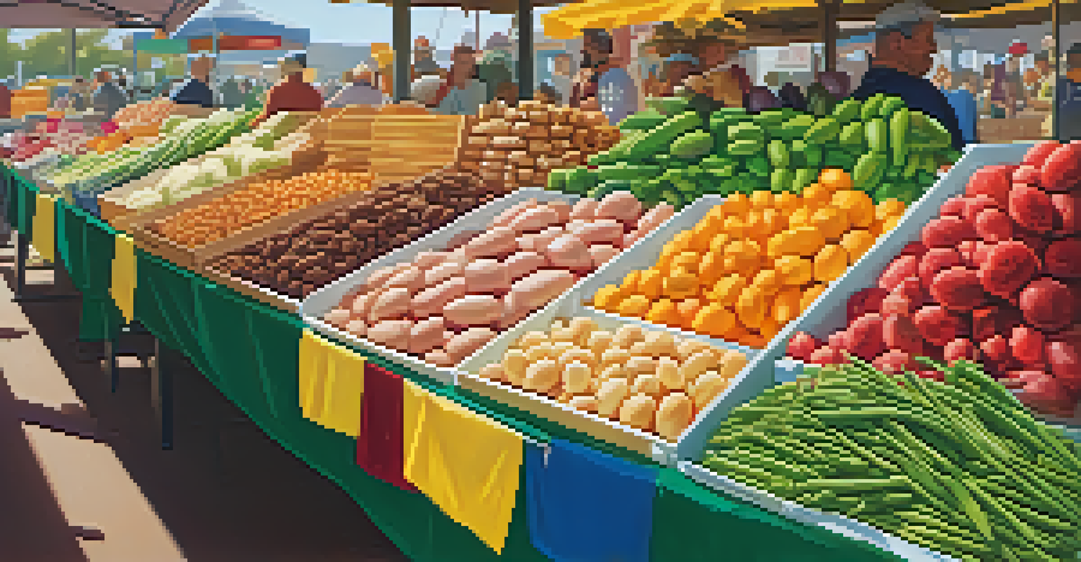 A farmers market display of lean meats, eggs, legumes, and nuts under natural sunlight.