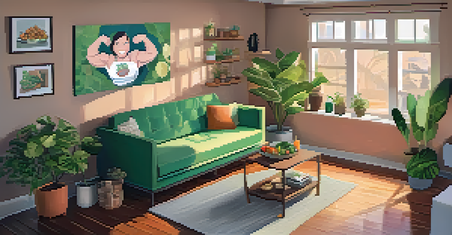 A powerlifter enjoying a healthy meal and protein shake in a cozy living room filled with fitness decor and plants.