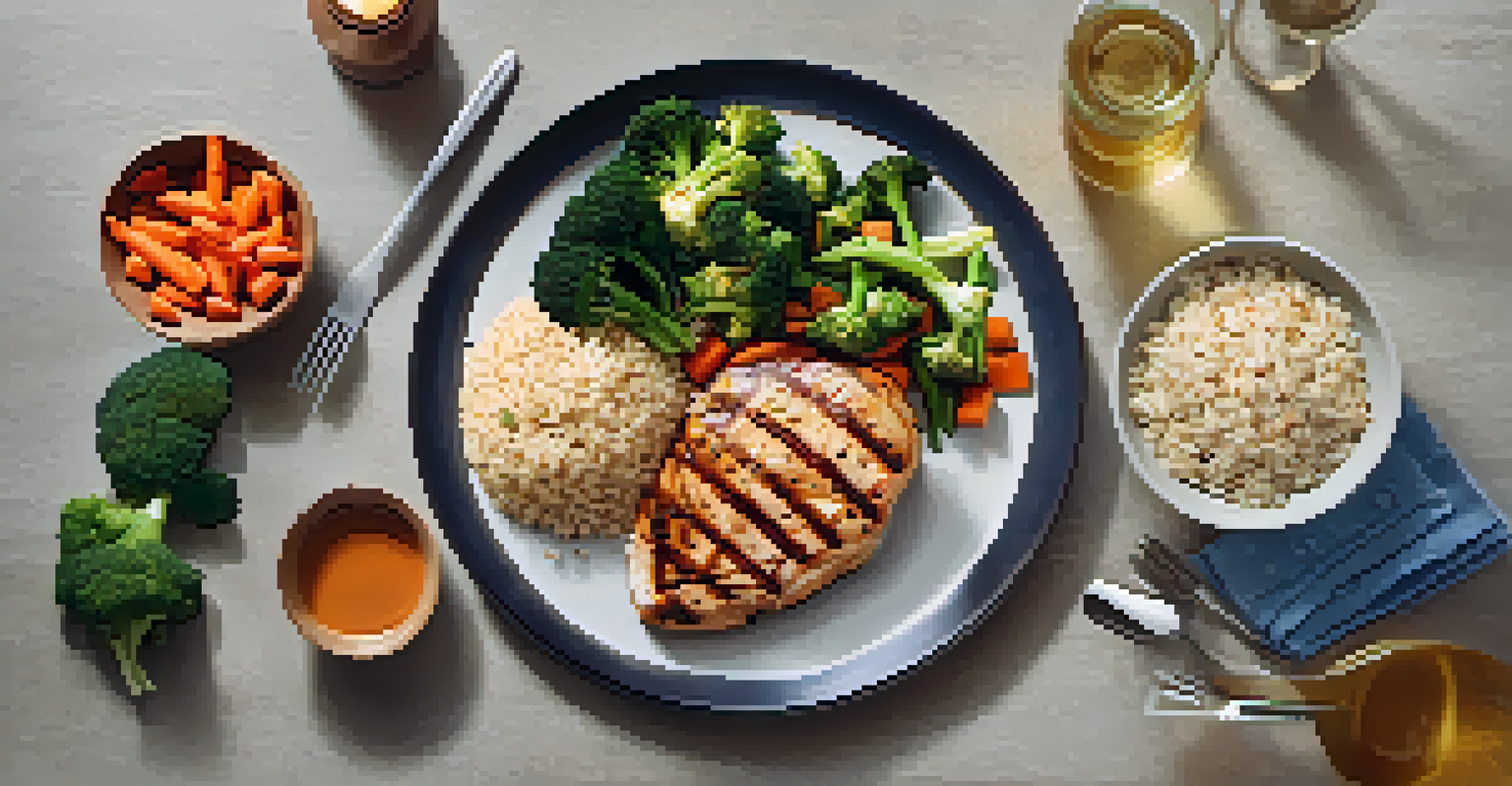 A nutritious post-workout meal featuring grilled chicken, brown rice, and steamed vegetables on a dining table.