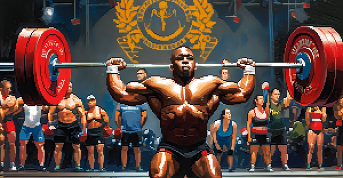 A powerlifting competition with diverse athletes lifting heavy weights, showing intensity and support from the audience.