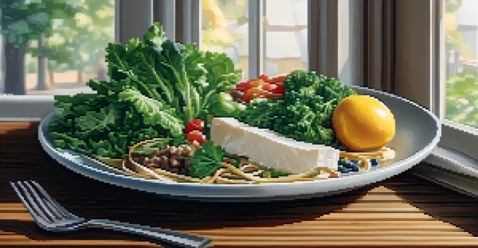 A close-up of a balanced meal with lean protein, greens, and carbohydrates on a wooden table, illuminated by natural light.