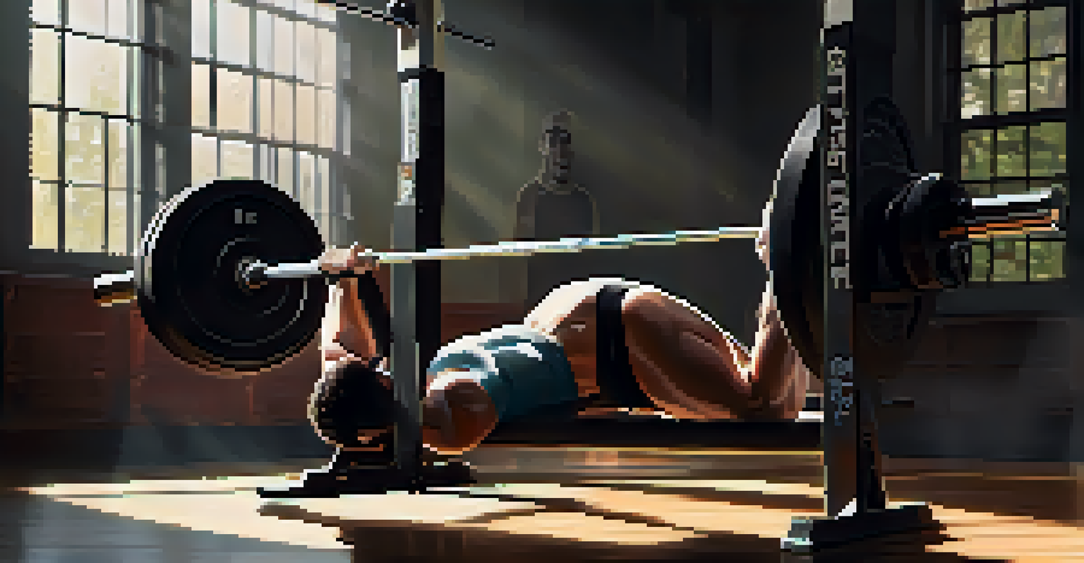 A close-up of a powerlifting bench press setup with a lifter preparing to lift.