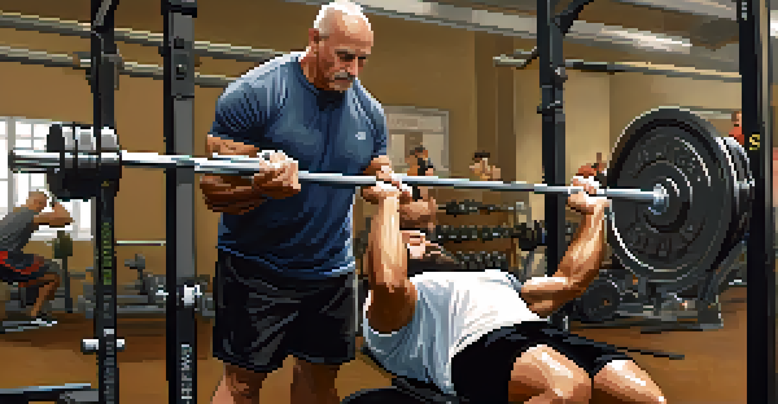 A powerlifting coach instructing a novice lifter on proper bench press technique in a gym.