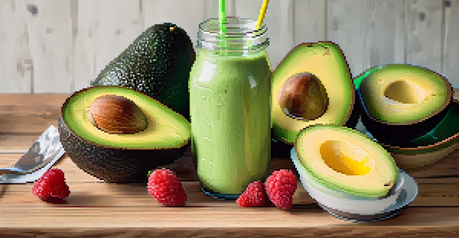 A nutritious post-workout meal featuring a protein shake, mixed fruits, and avocado on a wooden table.