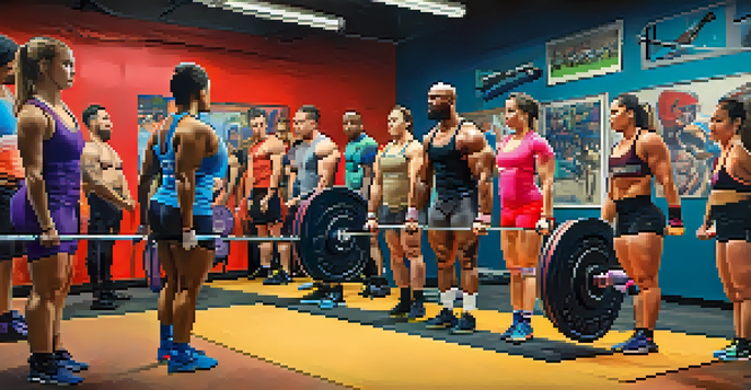 A diverse group of athletes in a powerlifting gym, with a woman lifting weights and a friend cheering her on, showcasing teamwork and determination.