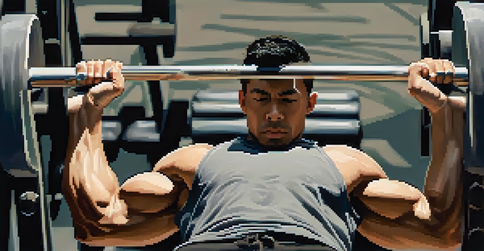 A close-up of a person bench pressing in a gym, focusing on the lifter's form and determination.