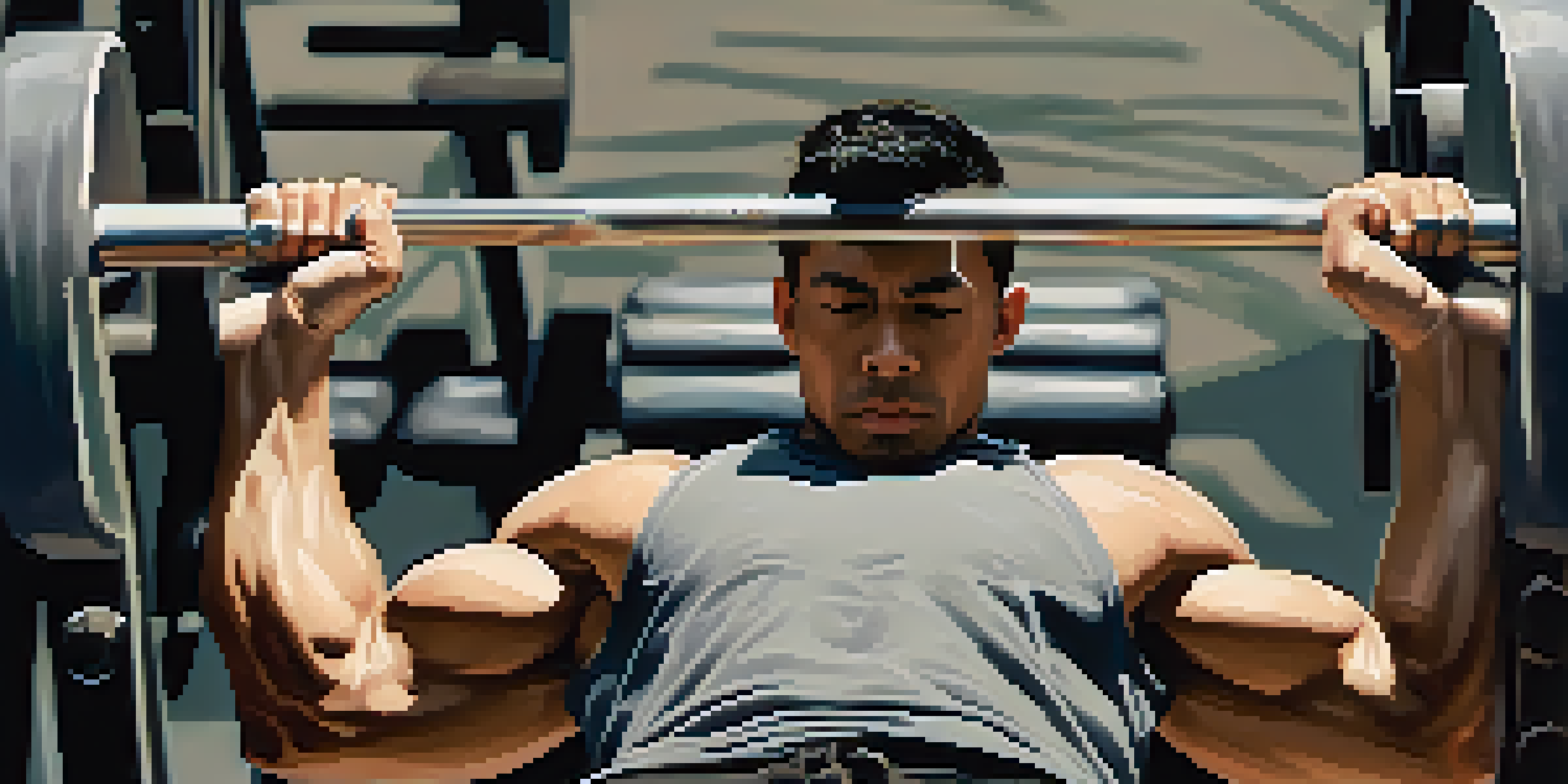 A close-up of a person bench pressing in a gym, focusing on the lifter's form and determination.