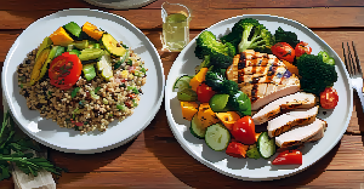 A plate of post-workout food with grilled chicken, quinoa, and colorful vegetables, presented attractively under natural light.