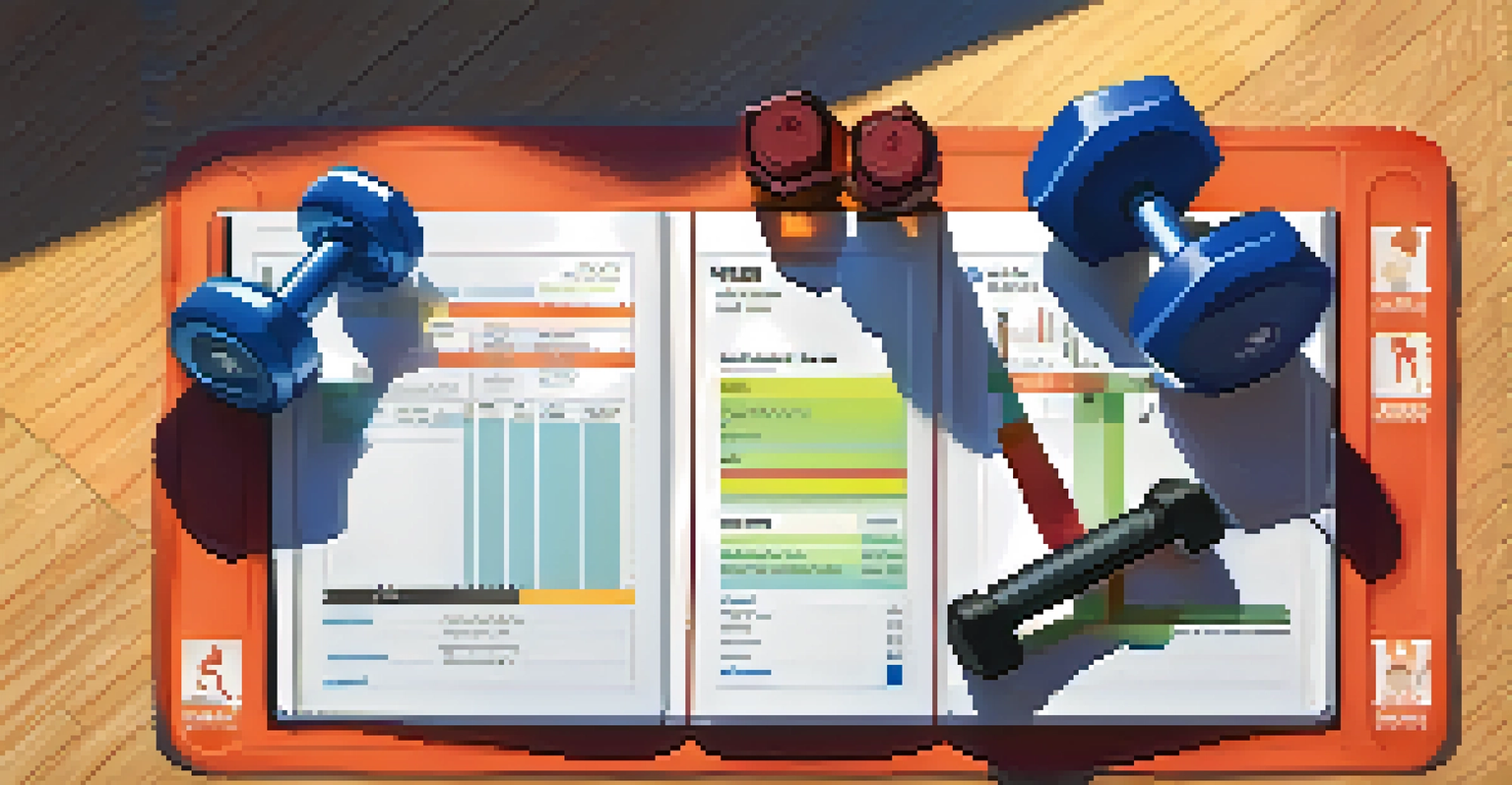 An overhead view of a workout plan on the gym floor, including a notebook, water bottle, and weights.