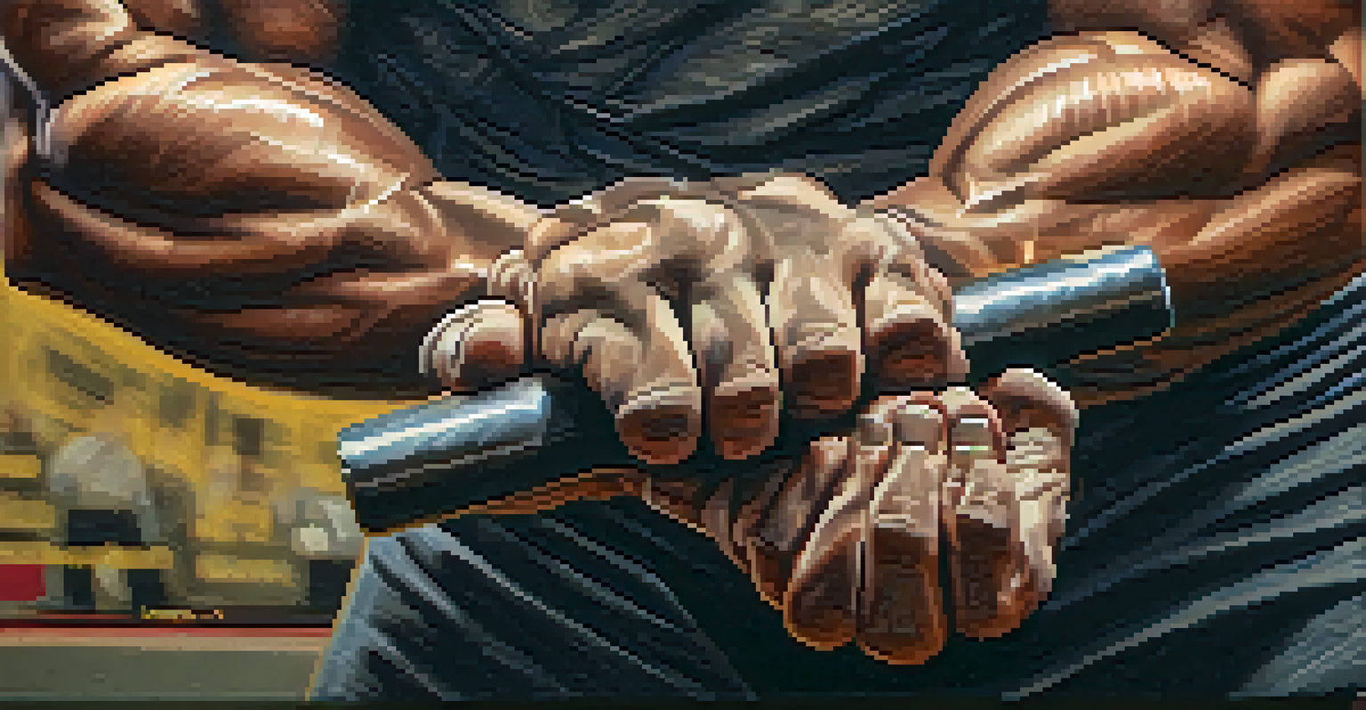 A close-up of a powerlifter's hands gripping a barbell, highlighting chalk dust and calluses.