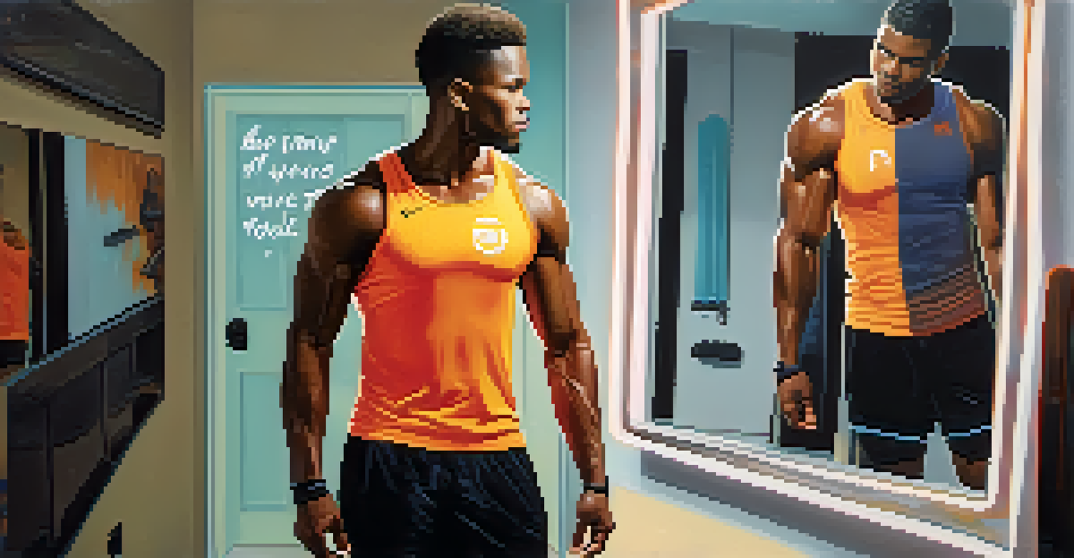 An athlete engaged in self-talk while looking at their reflection in the mirror.