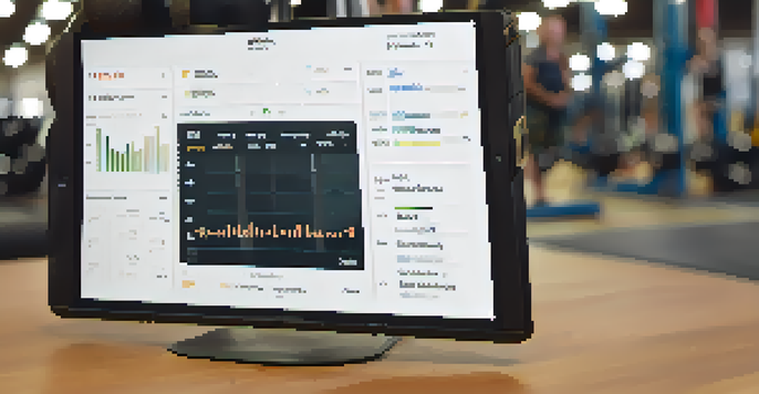 A close-up of a digital powerlifting progress tracker displaying graphs and statistics, with blurred gym equipment in the background.