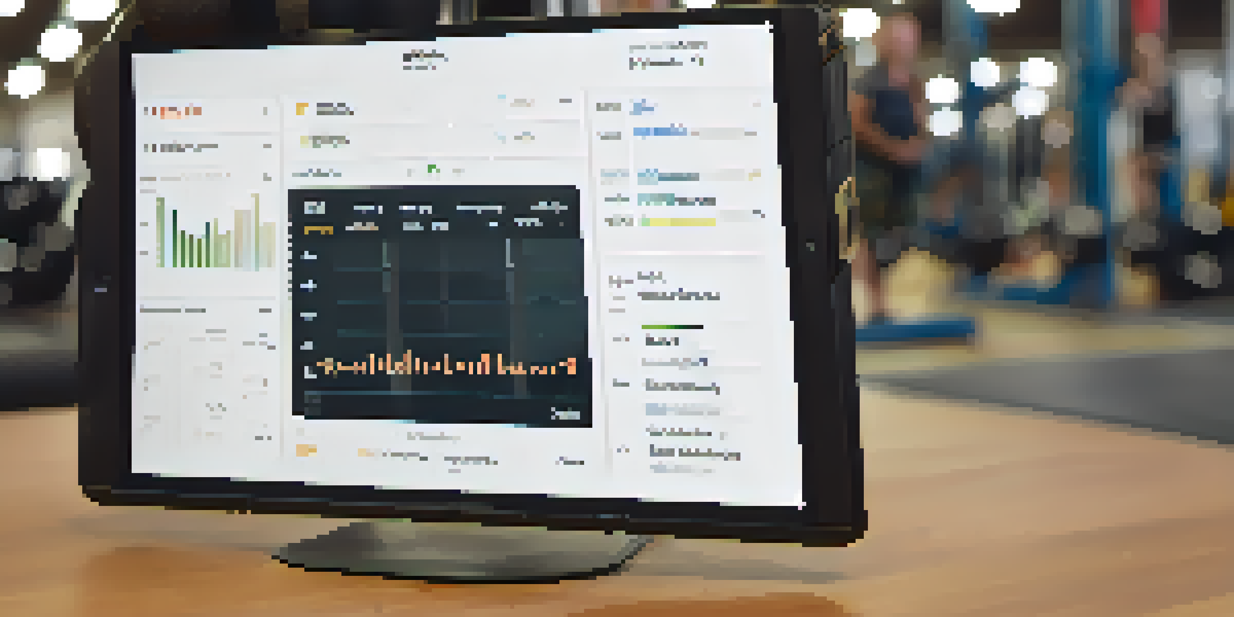 A close-up of a digital powerlifting progress tracker displaying graphs and statistics, with blurred gym equipment in the background.